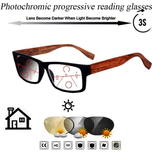 Photochromic Gray Progressive Multifocal Reading Glasses for Men Women Ultralight Rectangular Wooden Frame +0.75 To+4.0