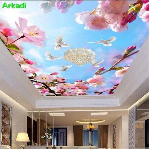 Bedroom Ceiling Wallpaper Pastoral Wallpaper Custom 3D Wall Cloth Beautiful Flower Dove Blue Sky Suspended Ceiling Wallpaper