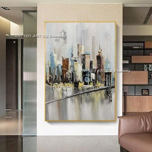 Large Size 100% Handmade Abstract City Building Pictures Building Oil Painting on Canvas Wall Art Posters Modern Home Decoration