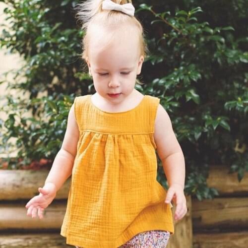 Baby Girls Toddler Summer T Shirt Sleeveless Tops Linen Cotton Kids Children Clothing Solid Color Newborn Comfortable Clothe