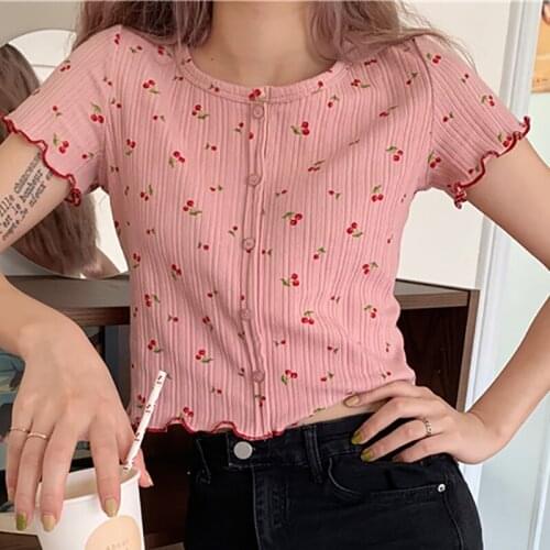 Knitted T Shirts Summer New Women O Neck Ruffles Cute Cherry Cartoon Sweet Short T-Shirt Slim Thin Breasted Knit Tops Tee shirts