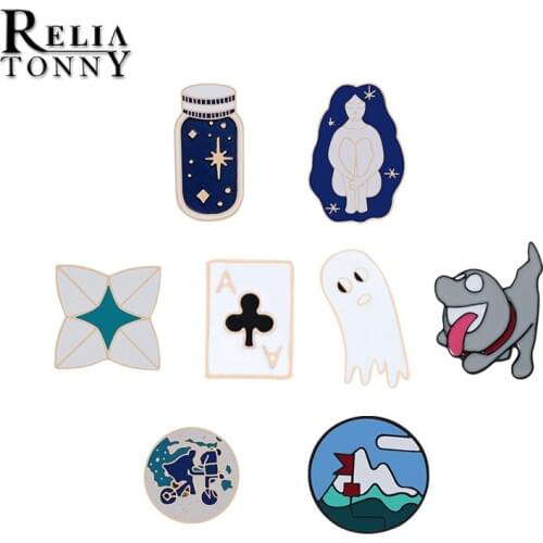 Star Bottle Flower Ghost Metal Enamel Pin Brooches Funny Dog Hat Collar Lapel Pin Cartoon Brooch Men Women Badge Jewelry Gift