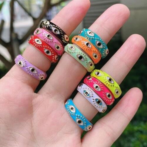 10Pcs Fashion Retro Colorful Enamel Engrave Lovely Turkish Eye Rings Wide Gold Color Band Rings For Women