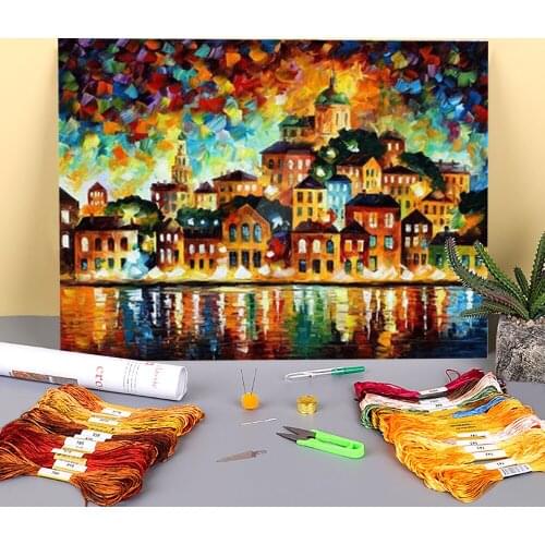 Lovely Harbor Printed Water-Soluble Canvas 11CT Cross Stitch Kit DIY Embroidery DMC Threads Hobby Handmade Needlework Mulina