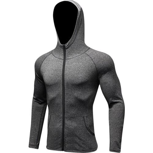 Brand New Sleeve Sport Shirt Men Zipper Hooded T-shirts Gym Clothing Sports Top Mens Sportswear Rashgard Black Running Jacket