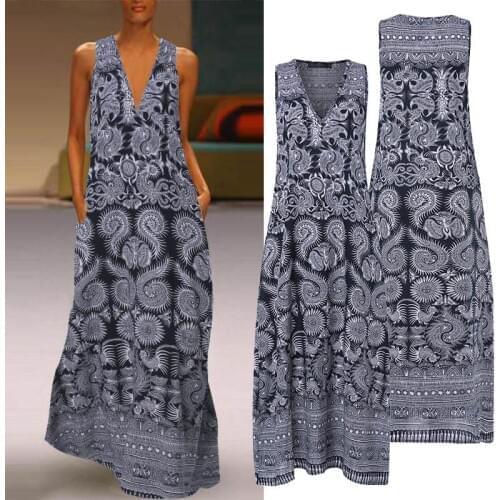 Printed Maxi Dress ZANZEA 2021 Womens Sundress Casual Summer Long Vestido Female V Neck Party Robe Femme Linen Dress Kaftan