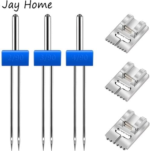 3 Sizes Sewing Machine Stretch Twin Needles 2.0/90 3.0/90 4.0/90 Universal Double Head Needles with Groove Pintuck Presser Foot