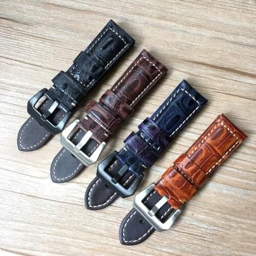 22mm 24mm 26mm Blue Black Brown Crocodile pattern Leather Watchband Replace Panerai PAM Big Pilot Military Watch Strap Bracelet