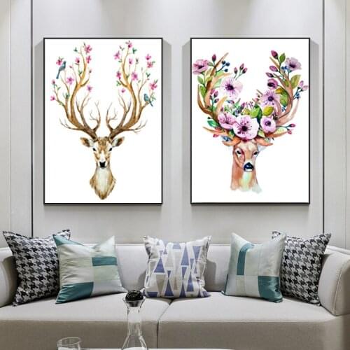 SELFLESSLY Cartoon Deer With Flowers Canvas Painting Nordic Prints And Posters Animal Art Modern Decorative Pictures Home Decor