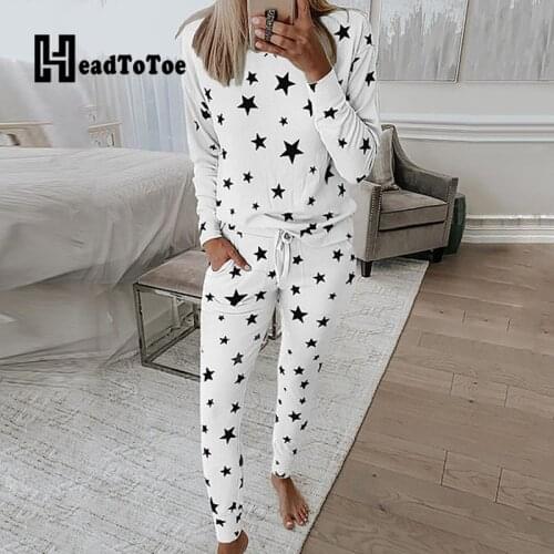 Stars Print Long Sleeve Round Neck Tops & Pocket Design Drawstring Skinny Pants Set Casual Women 2 Piece Set