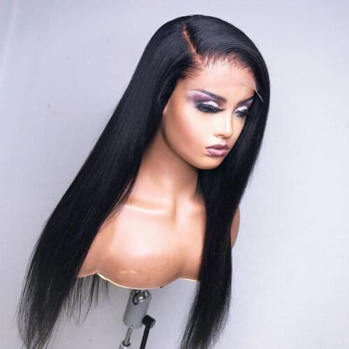 Heat Resistant Hair Black Color Synthetic Lace Front Wig For Black Women Middle Part Hand Tied Long Silky Straight Lace Wig