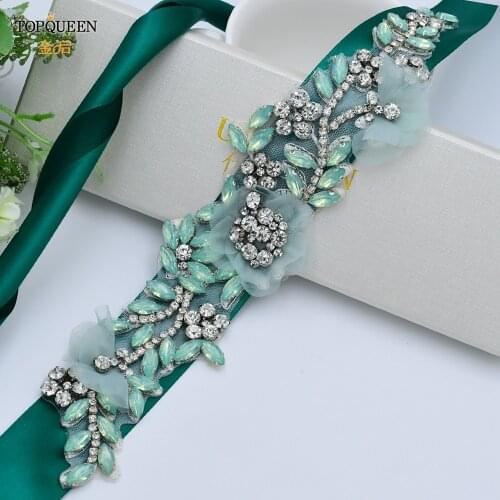 TOPQUEEN S419-G Vintage Floral Wedding Beltl Emerald Maternity Sash Belt for Party Womens Flower Belts Rhinestones for Dress