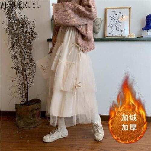 WERUERUYU 2020 New Autumn Winter High Waisted Female Plus cashmere Skirt Pleated Skirts Mesh skirt cupcake skirt