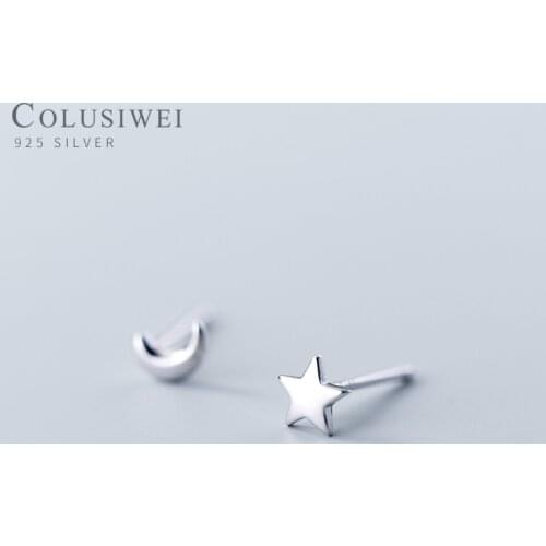 Colusiwei Classic 925 Sterling Silver Fashion Simple Lovely Mini Star Moon Asymmetry Stud Earring for Women Fine Jewelry Brincos