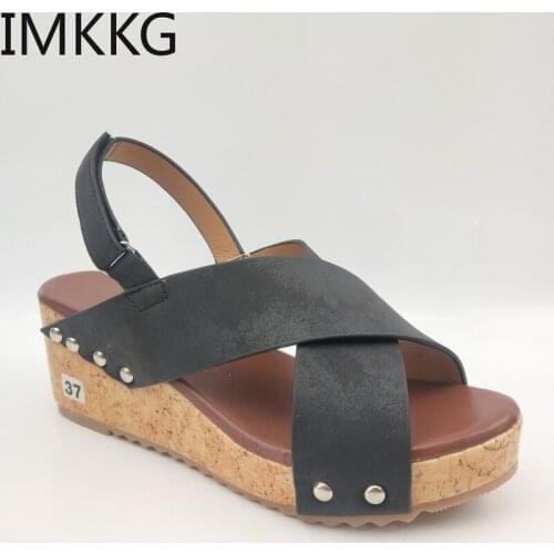 Women Vintage Sandals Woman Cross Tie Ladies Retro Rivets Wedges Womens Casual Comfort Female Outdoor sandals Summer
