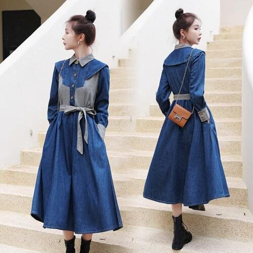 New Spring Autumn Women Dresses Slim Sashes Casual Turn-Down Collar Striped Patchwork Jeans Pockets For Females Denim One-Piece