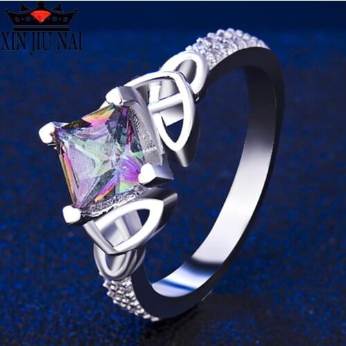 Square Seven rainbow Topaz Crystal Zircon 925 jewelry Silver Ring For Women Fashion Jewelry Shiny Finger Engagement Prom Ring