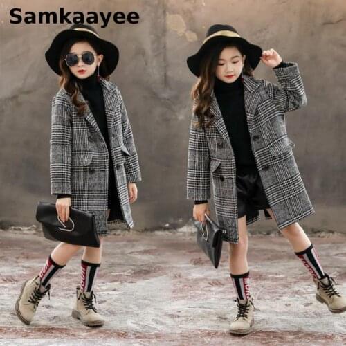 5-15y Girls Woolen Jackets Spring Autumn Kids Coat Outerwear Double-Breasted Plaid Blends Children Long Clothes Pocket Overcoat
