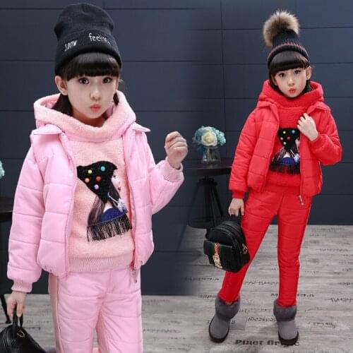 Winter Warm Girls Clothing 3 Pieces Set Sleeveless Jacket +Patchwork Sleeve Hoodies+Pants Casual Children Girls Outfits 4-13T