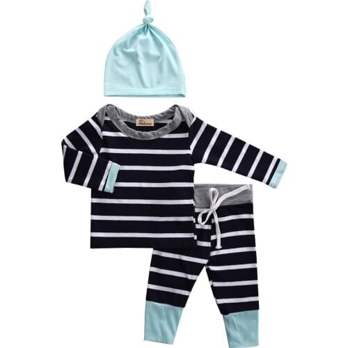 3pcs Kids Baby Cotton Autumn Pajamas Sets Newborn Baby Boys Long Sleeve Striped Tops T shirts Pants Hats Outfits Clothes Set