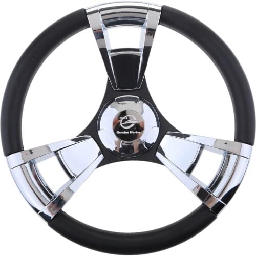 350mm 3/4'' Steering Wheel with Polished Chromed Spokes for Marine Boat Yacht Aluminum alloy spokes Black Grip