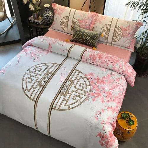 Chinese Style Pink 100% Cotton Sanding Printed Flower Bedding Set Embroidered Bed Sheet Duvet Cover Pillowcase Queen King 4pcs