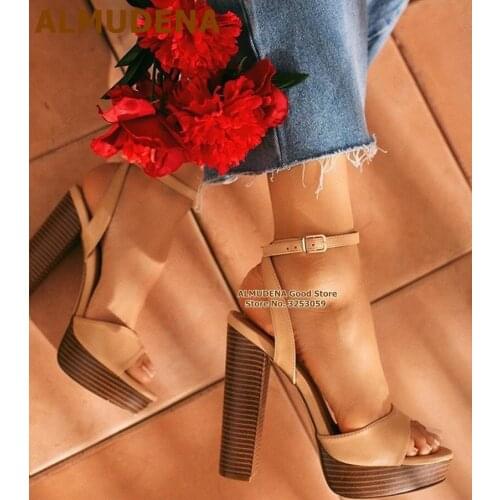 ALMUDEN Women Wooden Chunky Heels Sandals Open Toe Platform Dress Shoes Nude Matte Leather Buckle Strap Gladiator Heels Size47