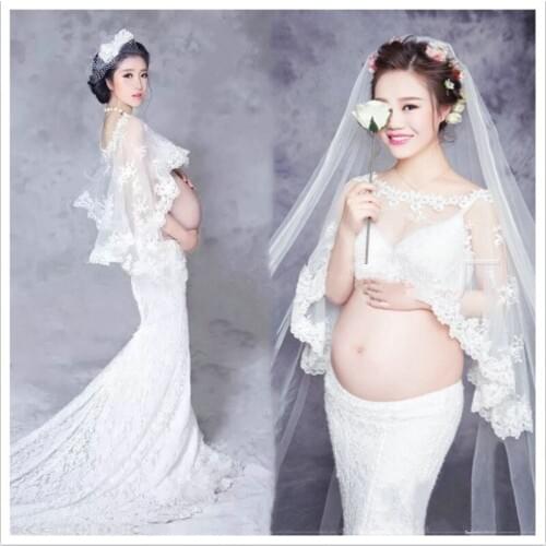 White lace maternity wedding trumpet dress pregnancy dress photography shawl+skirt+bra+veil four-pieces maternity set clothes
