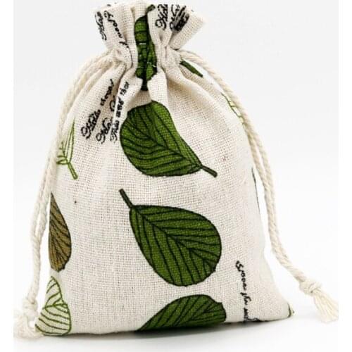 Free Shipping Drawstring Jewelry Bags 10pcs/lot 10x14cm with Green leaf English Printed Cotton Pouches for Jewelry Party Gifts