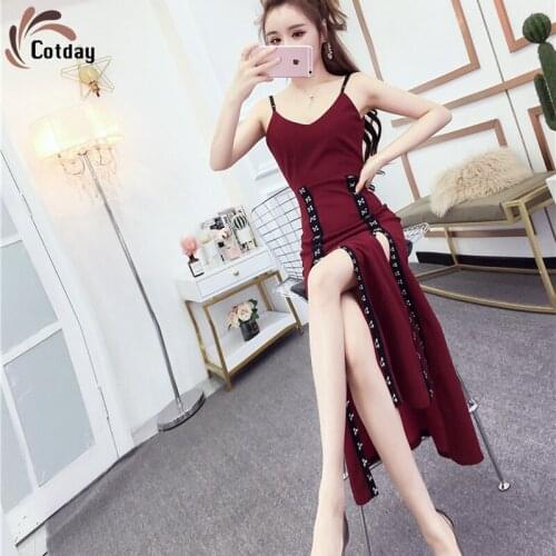 Cotday Spaghetti Strap Celebrity Sexy Style Celebrities Spring Temperament Open Fork Slit Long Women Party Retro Maxi Dress