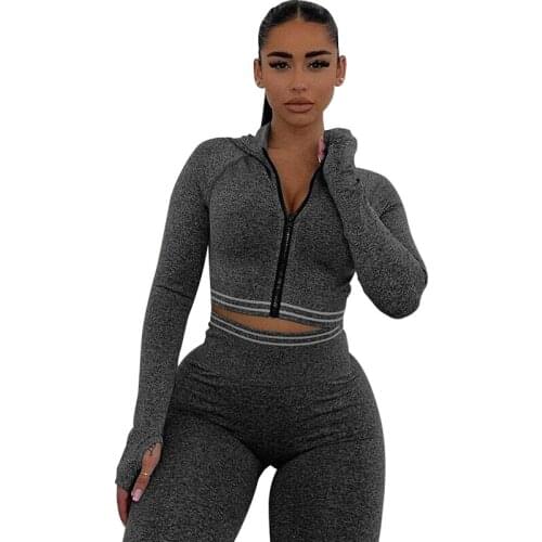 Simple Casual Two Piece Set Women Harajuku Zipper Hooded Long Sleeve Top And Sheath Slim Elastic Waist Female Pencil Pants Sets
