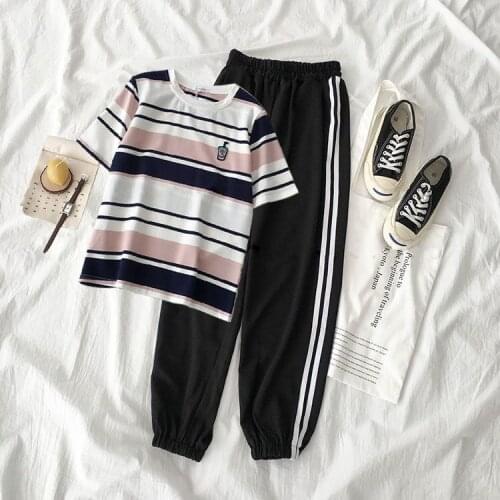 Summer Two-piece Suit Female Student Korean Version of Loose Short-sleeved T-shirt Top +ins Casual Foot Harlan Pants