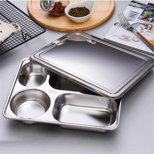 Dinner Plate Lunch Box Stainless Steel Divided Dinner Tray Lunch Container Food Plate For School Canteen Grid Lunch Box With Lid