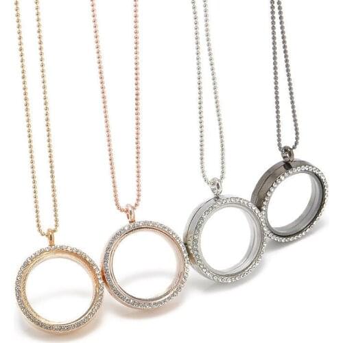 Charm Round Locket Pendant Crystal Glass Memory Floating Long Chain Necklace Necklace Chocker Gift Women Wedding Party Jewelly