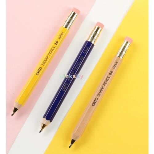 OHTO Mechanical Pencil Wood Sharp with Eraser 2.0, 2.0mm, Natural Wood Color,Yellow ,black Body APS-680E, Japanese Stationary