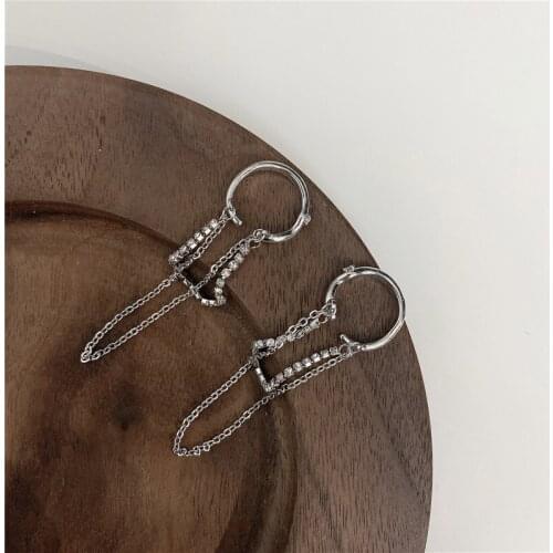Origin Summer Minimalist Circle Double Layer Chain Clip Earrings for Women Girl Long Tassel Rhinestone Metal Earrings Jewellery
