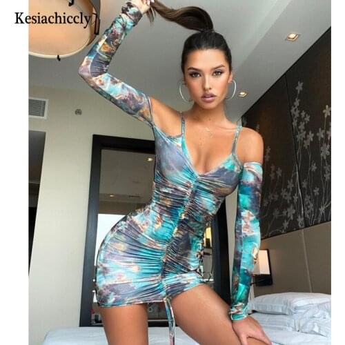 Kesiachiccly Print Beach Dress Long Sleeve Ruched Drawstring Deep V High Waist Mini Bodycon Dress Sexy Party Club Chic Vestidos