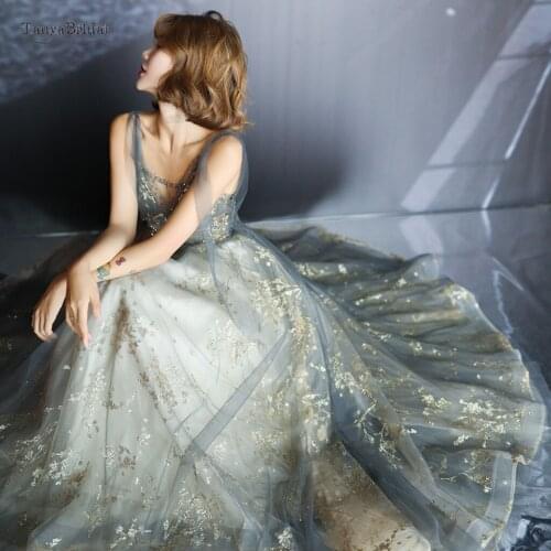 Gray Blue A Line Prom Dresses Long 2021 Elegant Bling Bling Sequins V Neck Formal Evening Party Gowns Beauty Pageant Dresses