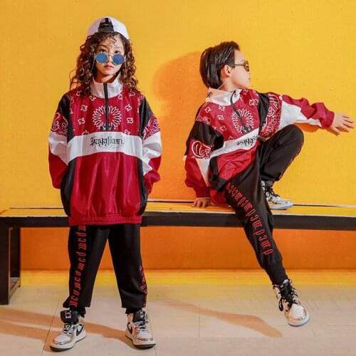 Modern Street Dance Costume Hip Hop Dance Boys And Girls Clothes Kids Jazz Dance Red Tops Festival Performance Clothing VO705