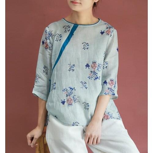 Spring Loose Large Size Literary Shirt Ramie T-shirt Panelled Color O-Neck Skirt Womens Clothing 2021 Tops