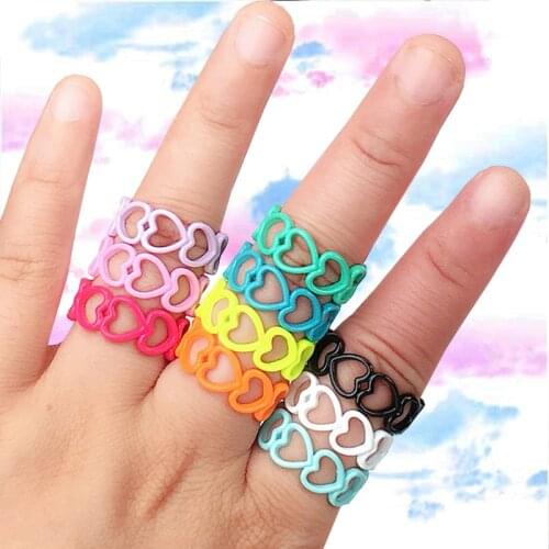 Y2K Jewelry Copper Rainbow Candy Color Heart Rings For Women Punk Fashion Harajuku Vintage Ring Charms 90s Aesthetic New Gits