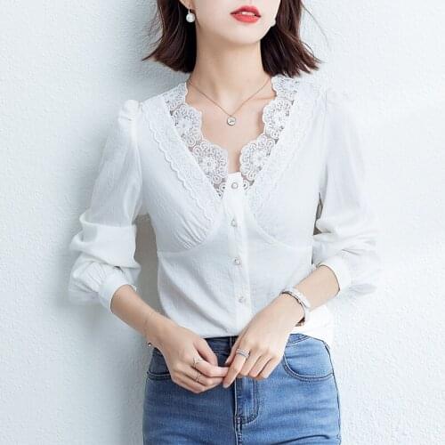 Womens Blouses Autumn V-Neck Solid Womens Blouse Lace Shirts Long Sleeve Single Breasted Shirts Blusas Mujer De Moda