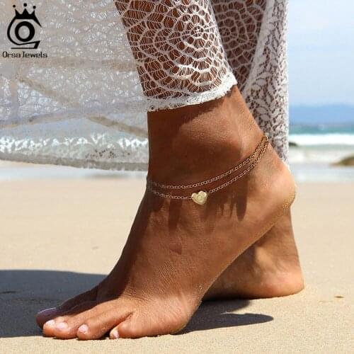 ORSA JEWELS 925 Silver Fashion Heart Letter Anklets for Women 14K Gold Plated Ankle Chain Bracelet Summer Barefoot Jewelry SA18
