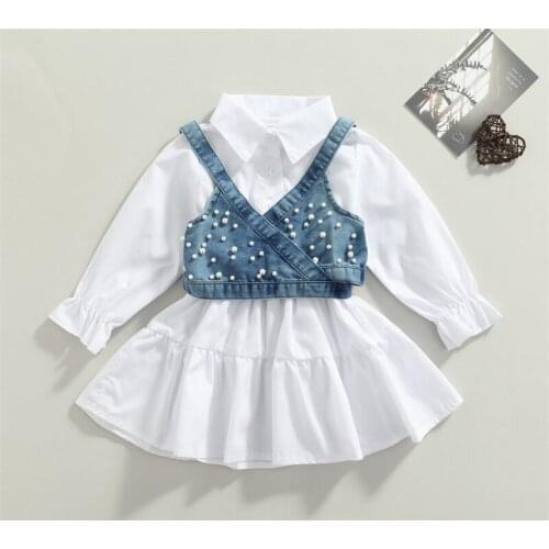 Kids Summer Outfit Fashion Solid Color Lantern Sleeves Shirt Dress + Denim Beading Vest 2 Piece Set for Little Girls 1-6 Years