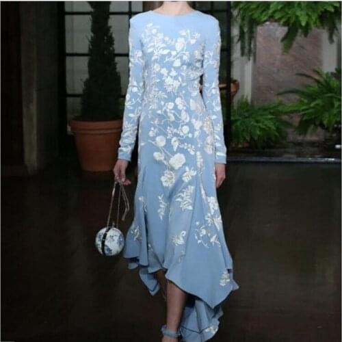 Womens dress 2021 new hot sale dovetail irregular blue print long-sleeved dress women