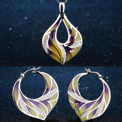 2021 New 925 Silver Flower Pendants Necklace Plant Pattern Charming Orange Yellow CZ Earrings for Women Treny Party Jewelry Gift