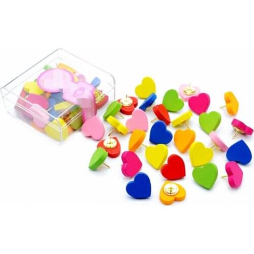 30pcs Boxed Heart-shaped Wooden Pushpin Decor Thumbtack Diy Push Pins Color Wall Nails Cork Tack Pin Stationery Binding Supplies