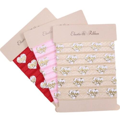 5/8" gold foil LOVE and ink heart fold over elastic foe elastic for Valentine welcome custom printed