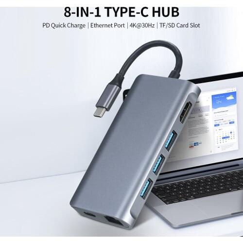 8-in-1 Type-C Hub Type-C to 4K@30Hz HD Adapter with Ethernet Port/ USB3.0/ 87W PD Quick Charge/ Support TF&SD Card Reading Grey