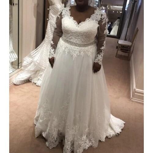 ANGELSBRIDEP Long Sleeves Wedding Dresses Dubai African Style Sexy V-Neck Applique Court Train Formal Bridal Gown Plus Size